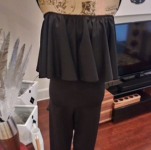 Black off shoulder ruffle straight leg jumpsuit